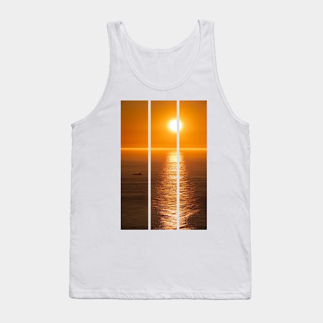 Wonderful landscapes in Norway. Nord-Norge. Beautiful scenery of a midnight sun sunset at Nordkapp (Cape North). Boat and globe on a cliff. Rippled sea and clear orange sky. (vertical) Tank Top by fabbroni-art